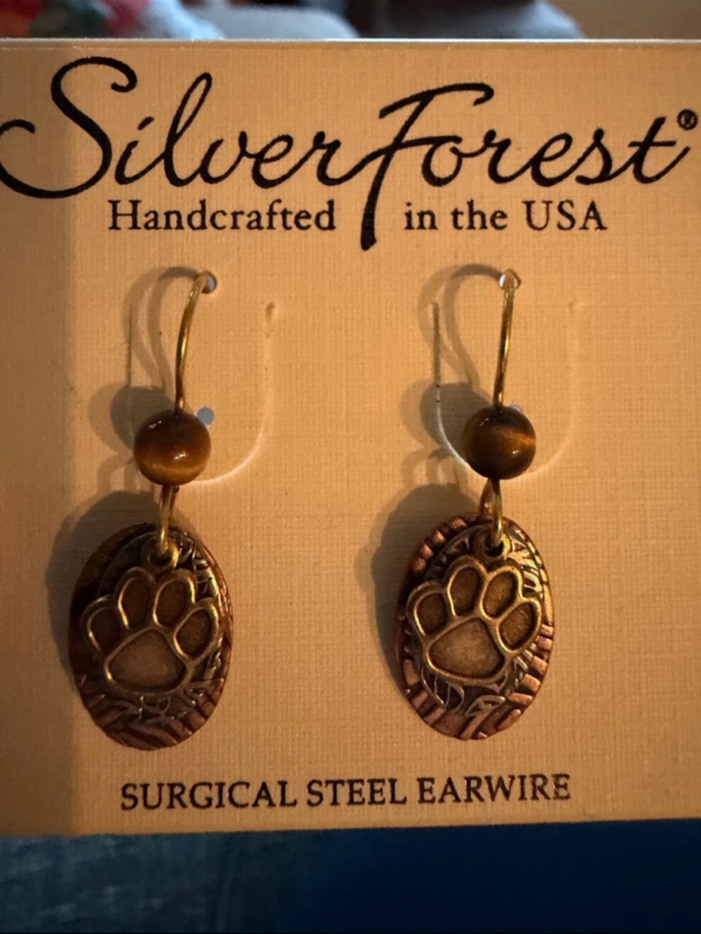 Silver Forest Gold Paw Print Drop Earrings with Brown Bead
